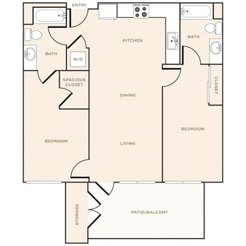 Floor plan for 2 beds, 2 baths, 1000 sqft